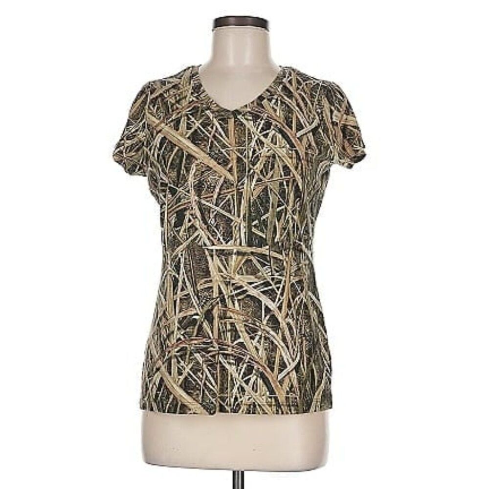 Mossy Oak Shadow Grass Blades T shirt Camo Short Sleeve V Neck Tee Womens Large